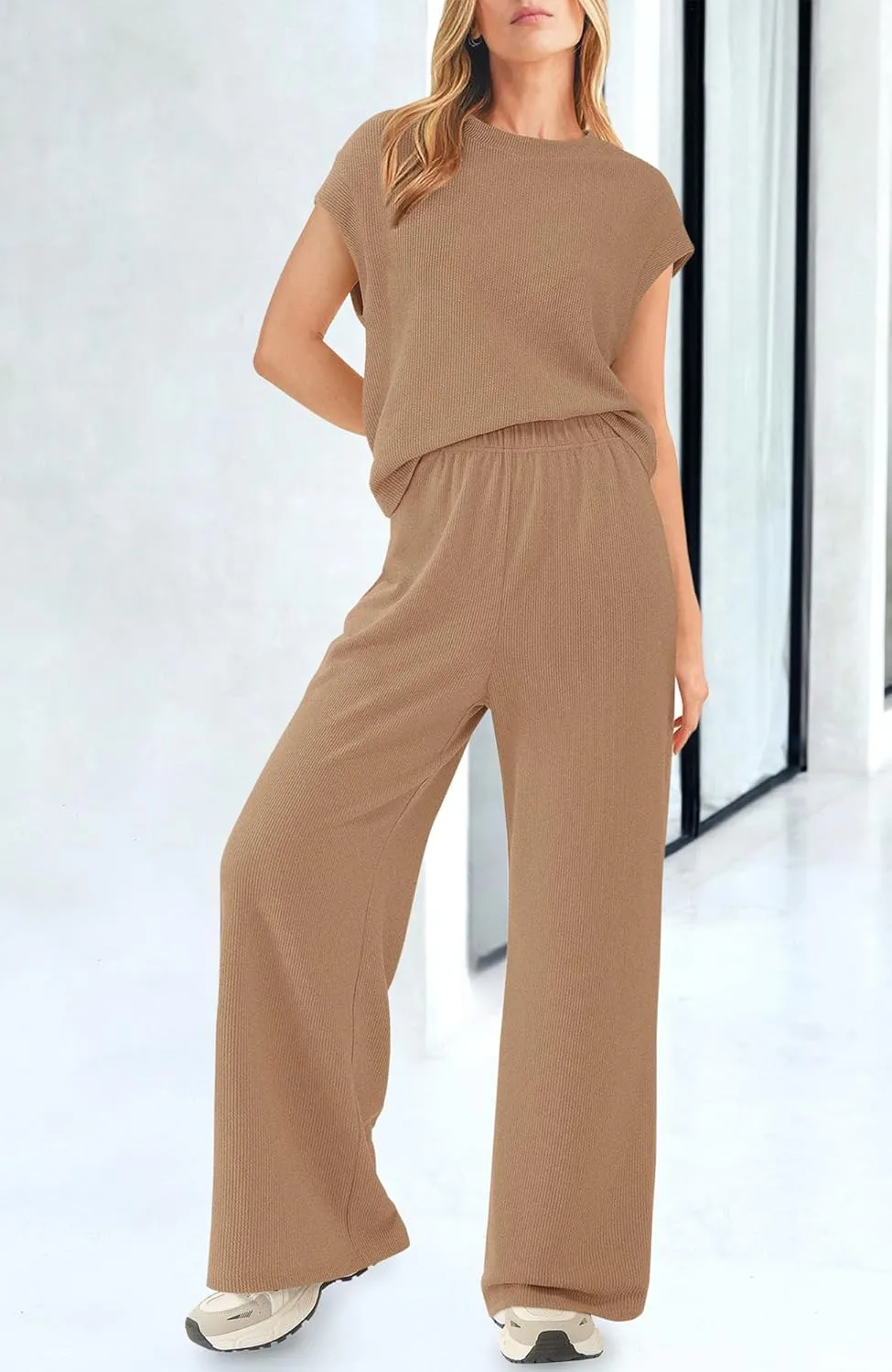 BTFBM Women Two Piece Outfits Summer Short Sleeve Knit Tops Wide Leg Pants Lounge Matching Sets Sweatsuit Airport