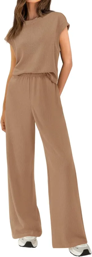 BTFBM Women Two Piece Outfits Summer Short Sleeve Knit Tops Wide Leg Pants Lounge Matching Sets Sweatsuit Airport