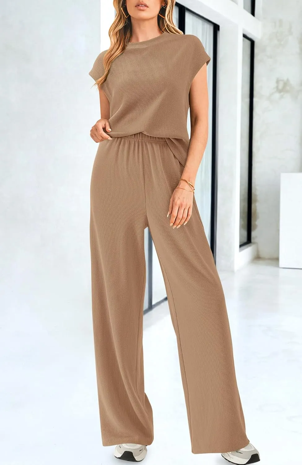 BTFBM Women Two Piece Outfits Summer Short Sleeve Knit Tops Wide Leg Pants Lounge Matching Sets Sweatsuit Airport