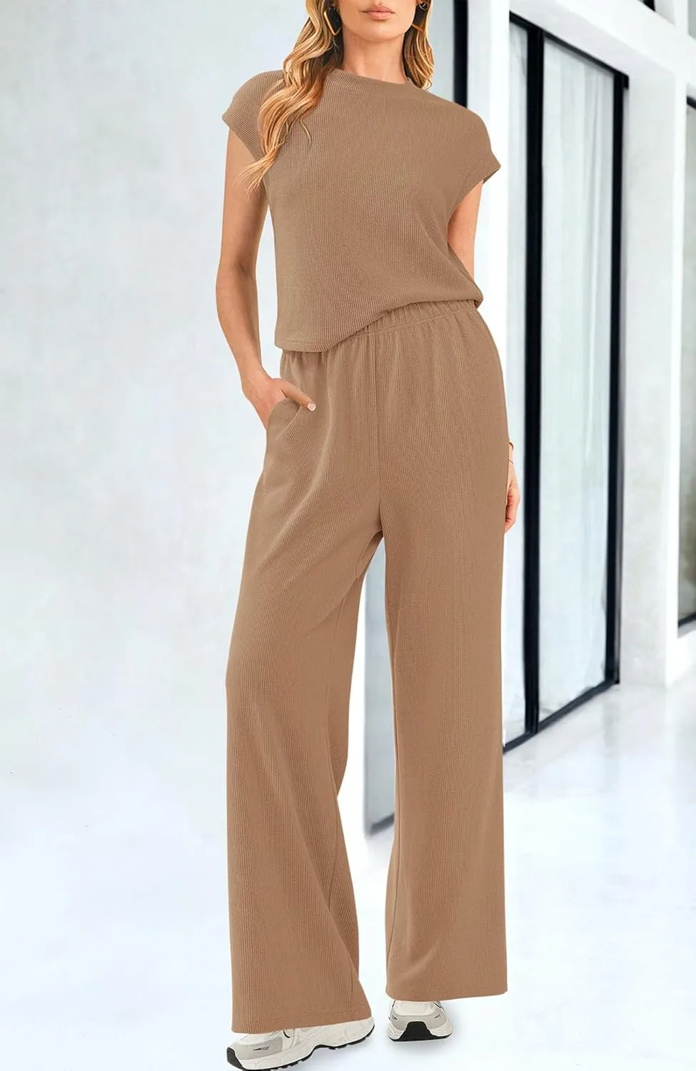 BTFBM Women Two Piece Outfits Summer Short Sleeve Knit Tops Wide Leg Pants Lounge Matching Sets Sweatsuit Airport
