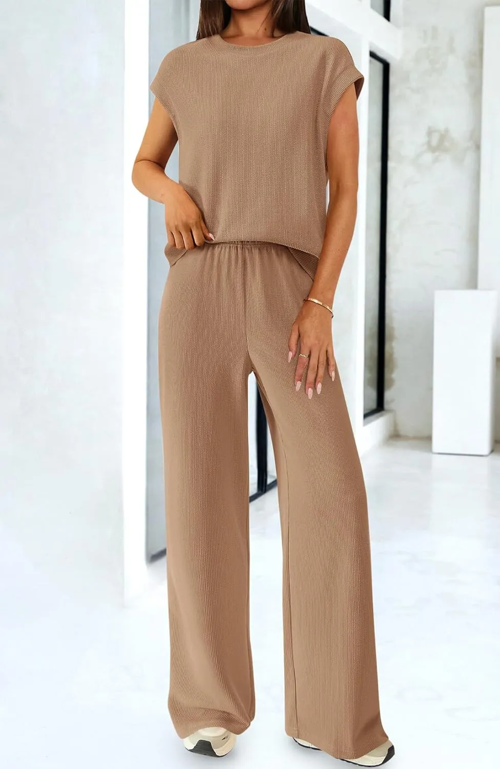 BTFBM Women Two Piece Outfits Summer Short Sleeve Knit Tops Wide Leg Pants Lounge Matching Sets Sweatsuit Airport