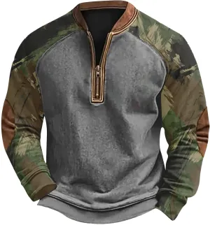 Camo Long Sleeve Shirt Men Trendy Vintage Print Pullover Sweatshirt Quarter Zip Henley Shirts Casual V Neck Tops