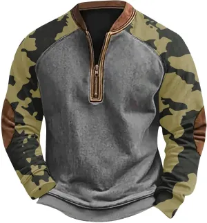 Camo Long Sleeve Shirt Men Trendy Vintage Print Pullover Sweatshirt Quarter Zip Henley Shirts Casual V Neck Tops