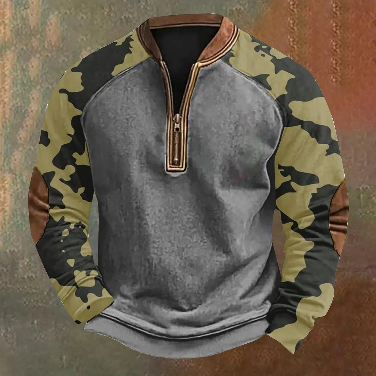 Camo Long Sleeve Shirt Men Trendy Vintage Print Pullover Sweatshirt Quarter Zip Henley Shirts Casual V Neck Tops