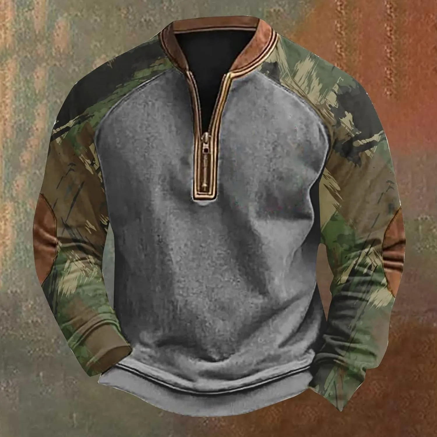 Camo Long Sleeve Shirt Men Trendy Vintage Print Pullover Sweatshirt Quarter Zip Henley Shirts Casual V Neck Tops