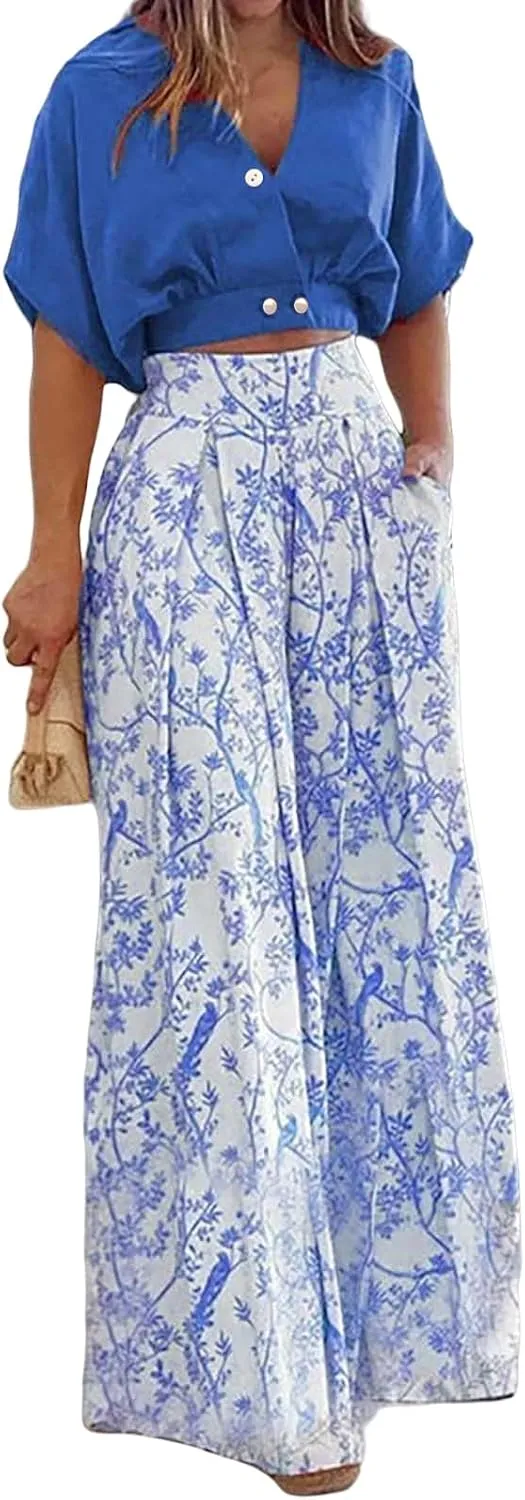 Canbebig 2 Piece Sets for Women Boho Lounge Set V Neck Short Sleeve Tank Crop Top Wide Leg Pants Sets Travel Vacation Outfits