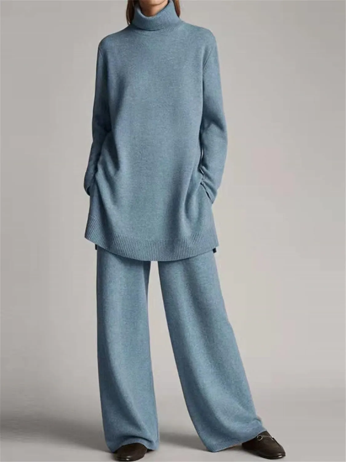 Canbebig Fall Sets Women 2 Piece Outfits Turtleneck Knitted Pullover Top and Wide Leg Pants Sets Lounge Sweatsuits Sets