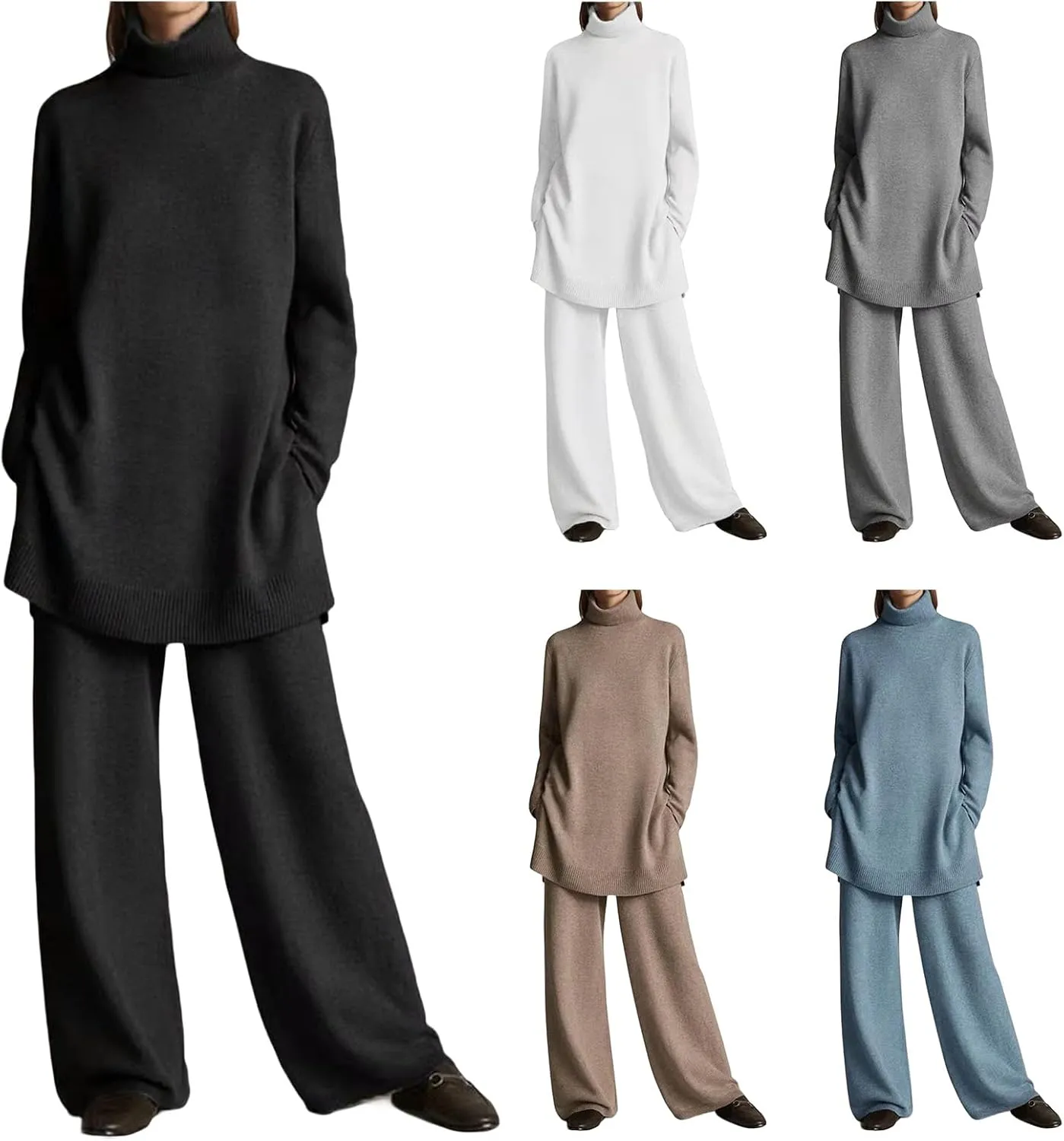 Canbebig Fall Sets Women 2 Piece Outfits Turtleneck Knitted Pullover Top and Wide Leg Pants Sets Lounge Sweatsuits Sets