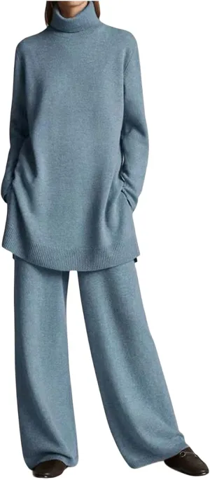 Canbebig Fall Sets Women 2 Piece Outfits Turtleneck Knitted Pullover Top and Wide Leg Pants Sets Lounge Sweatsuits Sets