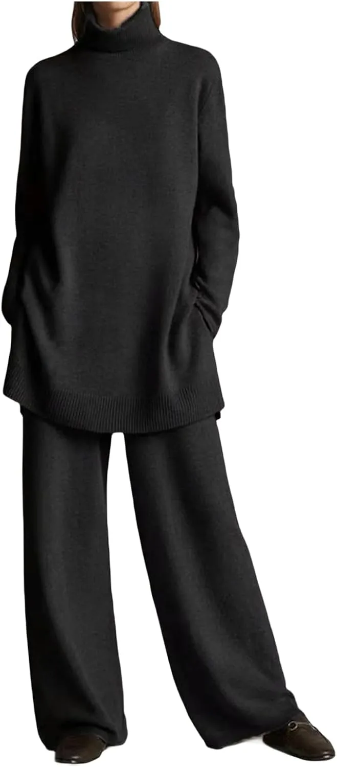 Canbebig Fall Sets Women 2 Piece Outfits Turtleneck Knitted Pullover Top and Wide Leg Pants Sets Lounge Sweatsuits Sets