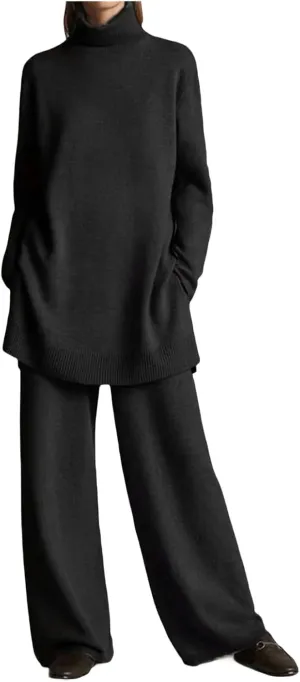 Canbebig Fall Sets Women 2 Piece Outfits Turtleneck Knitted Pullover Top and Wide Leg Pants Sets Lounge Sweatsuits Sets