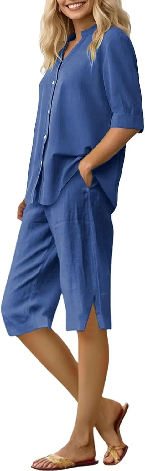 Canbebig Linen 2 Piece Sets for Women Summer Vacation Outfits V Neck Button Shirts Casual Shorts Sets Plus Size Matching Set