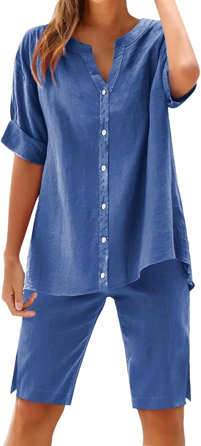 Canbebig Linen 2 Piece Sets for Women Summer Vacation Outfits V Neck Button Shirts Casual Shorts Sets Plus Size Matching Set