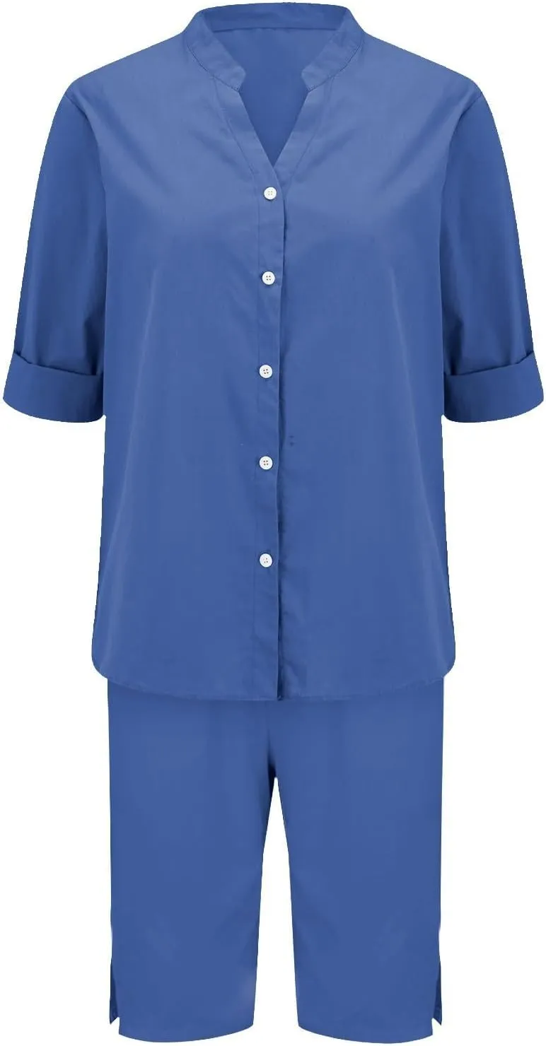 Canbebig Linen 2 Piece Sets for Women Summer Vacation Outfits V Neck Button Shirts Casual Shorts Sets Plus Size Matching Set
