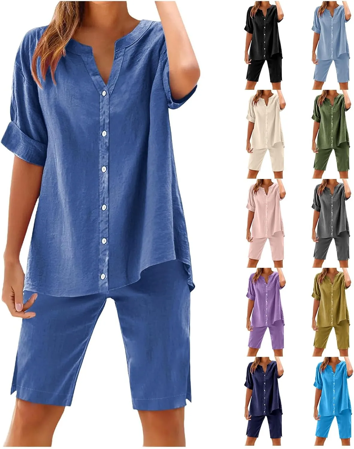 Canbebig Linen 2 Piece Sets for Women Summer Vacation Outfits V Neck Button Shirts Casual Shorts Sets Plus Size Matching Set