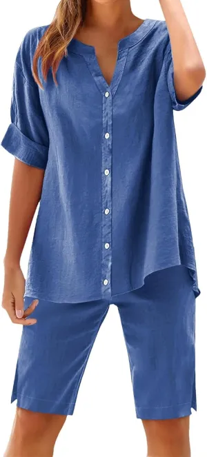 Canbebig Linen 2 Piece Sets for Women Summer Vacation Outfits V Neck Button Shirts Casual Shorts Sets Plus Size Matching Set