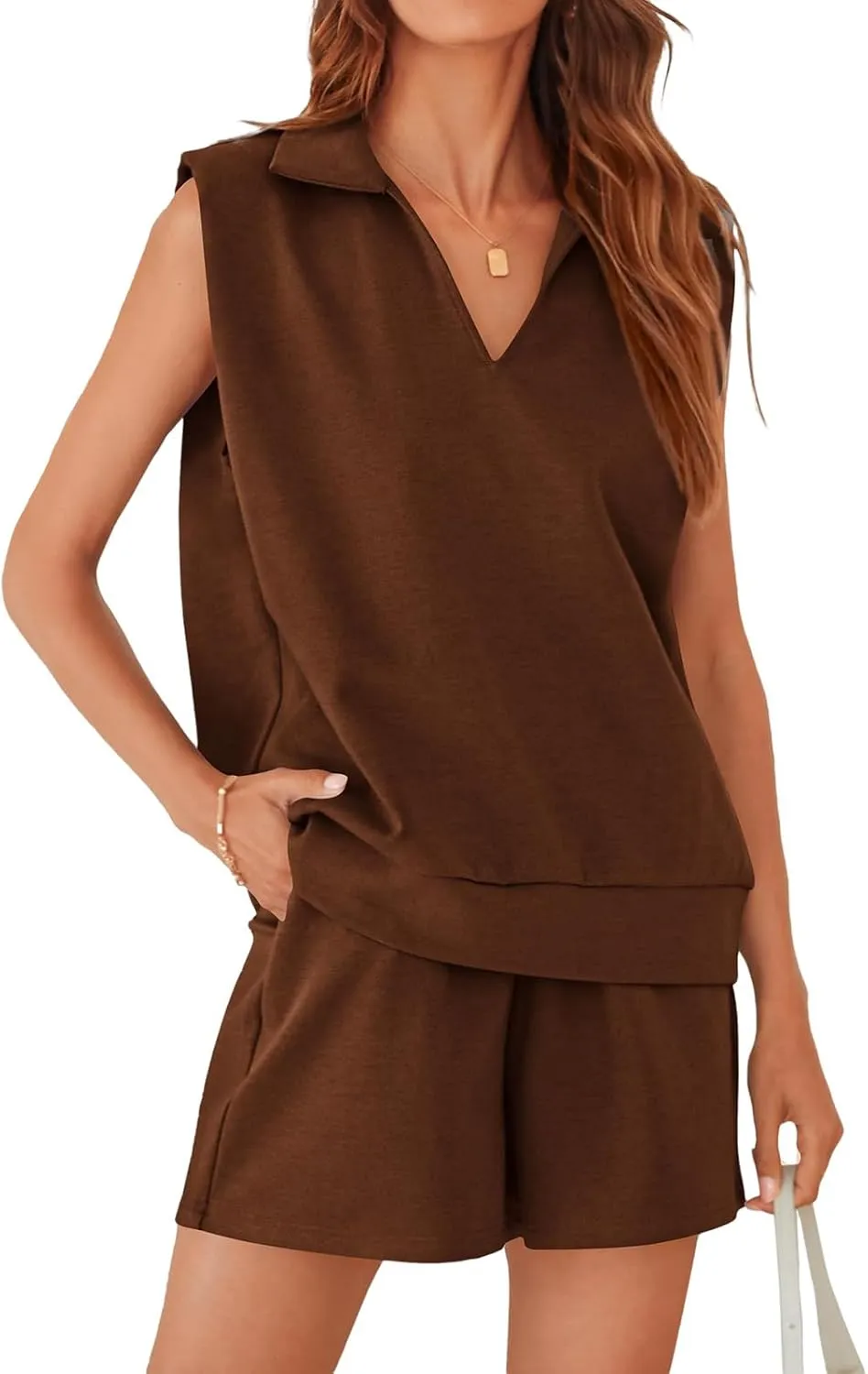 Canbebig Womens Summer 2 Piece Outfits Lounge Sweatsuits Sleeveless V Neck Top Tank and High Waisted Shorts with Pockets