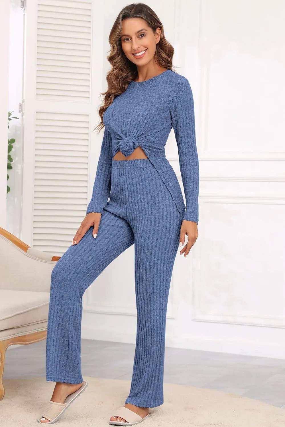Casual Knit Lounge Sets for Women 2 Piece Pajama Set Long Sleeve Tops Long Pants Set Matching Outfits Sets