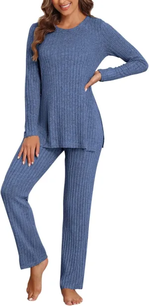 Casual Knit Lounge Sets for Women 2 Piece Pajama Set Long Sleeve Tops Long Pants Set Matching Outfits Sets