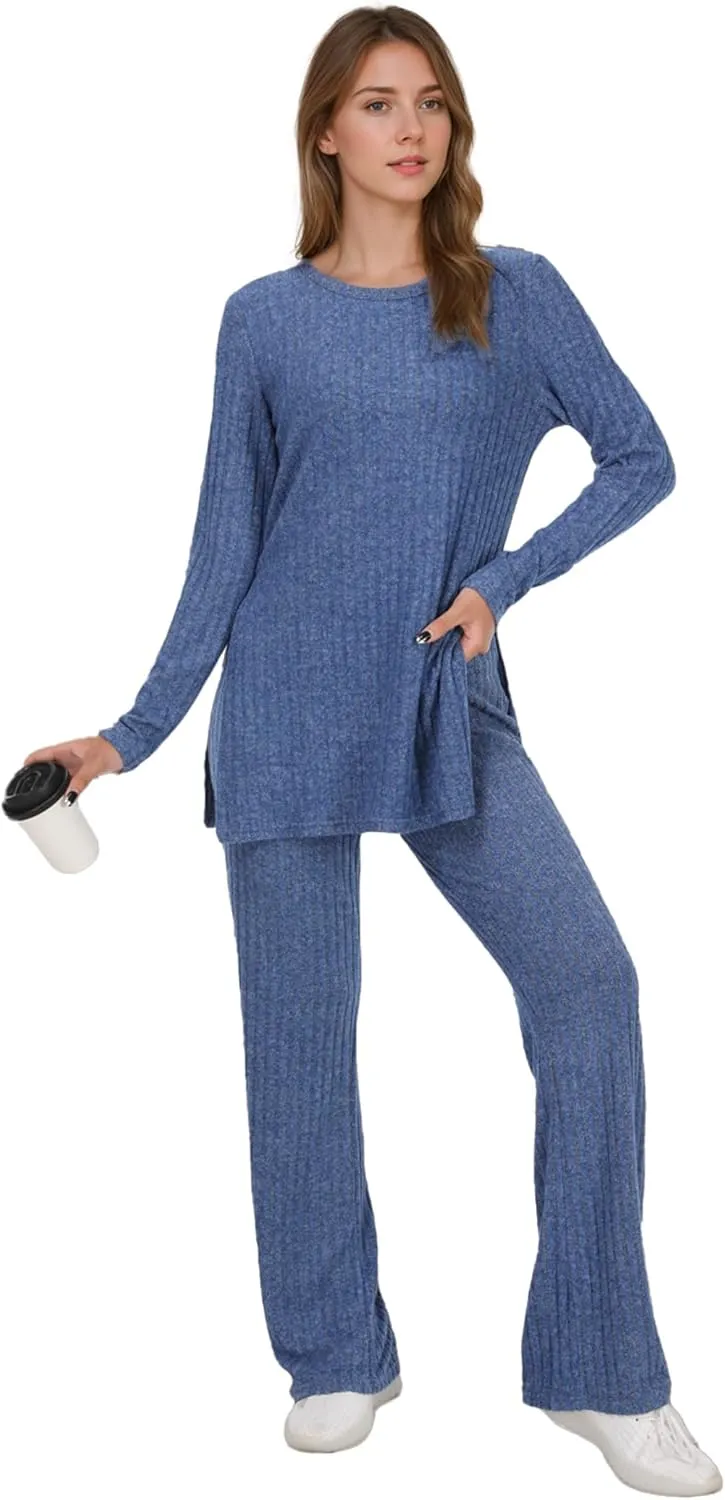 Casual Knit Lounge Sets for Women 2 Piece Pajama Set Long Sleeve Tops Long Pants Set Matching Outfits Sets