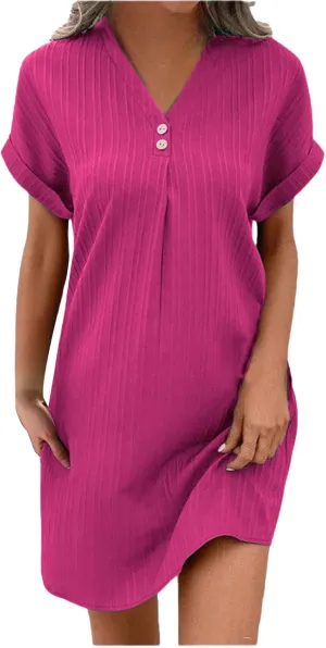 Casual Short Sleeve Summer Dresses for Women 2025 V Neck Boho Beach Dress Mini T Shirt Sundresses Dressy Work Ouftits