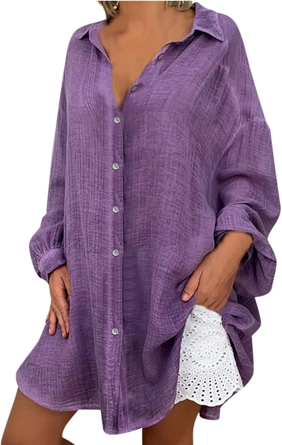 Ceboyel Women Oversized Cotton Linen Shirts Long Sleeve Button Down Blouses Casual Loose Gauze Top Work Summer Beach Outfits