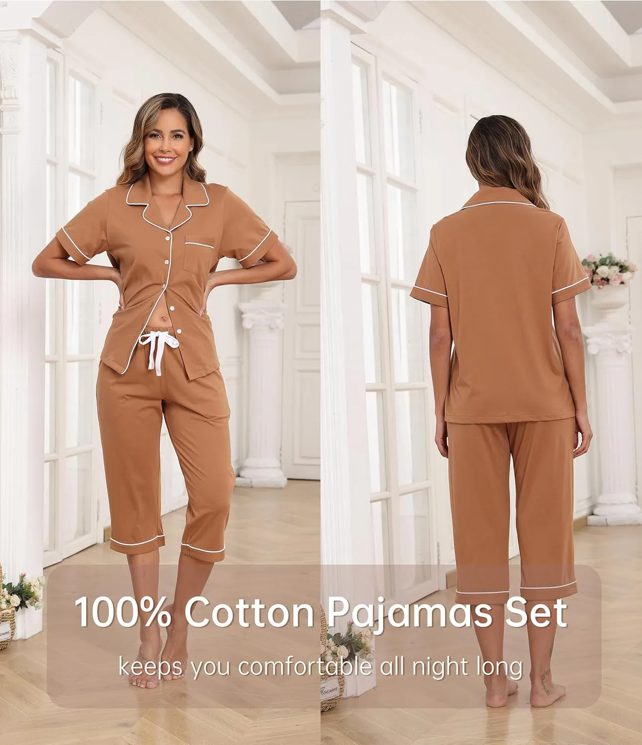 CF 100% Cotton Capri Pajama Sets for Women 2 Piece Soft Button Down Pj Sets Short Sleeve Sleepwear and Capri Pants
