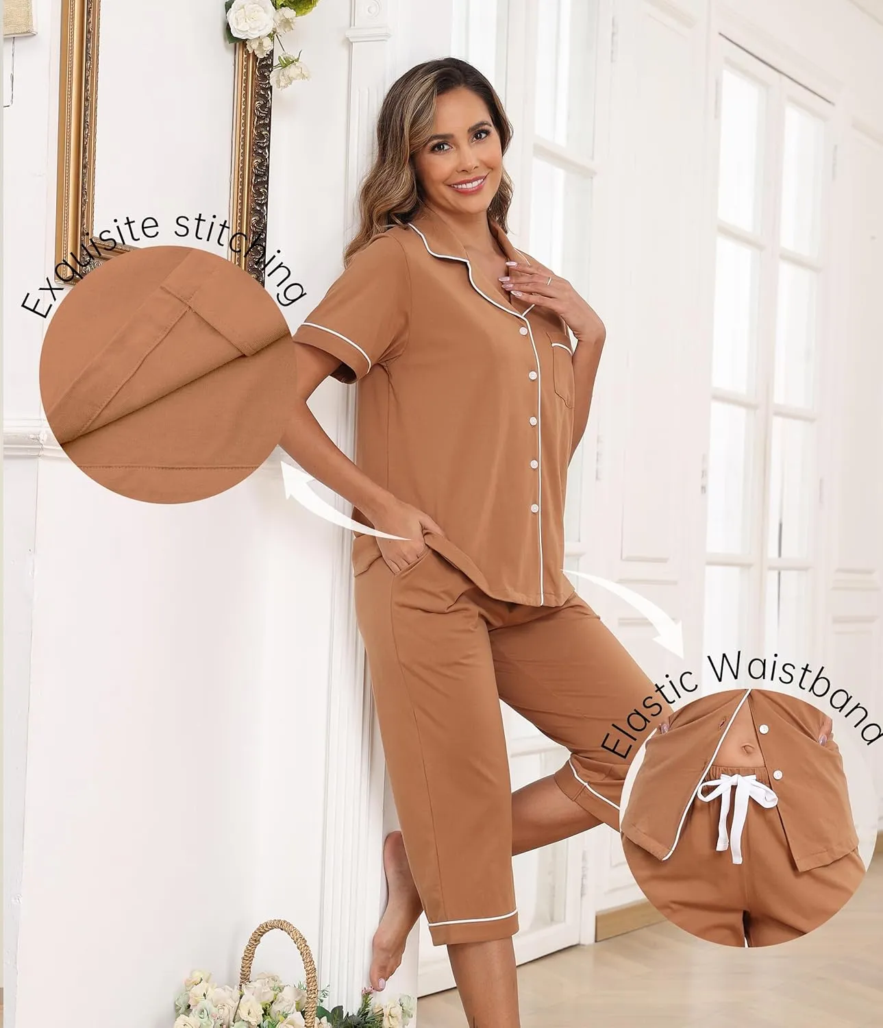 CF 100% Cotton Capri Pajama Sets for Women 2 Piece Soft Button Down Pj Sets Short Sleeve Sleepwear and Capri Pants
