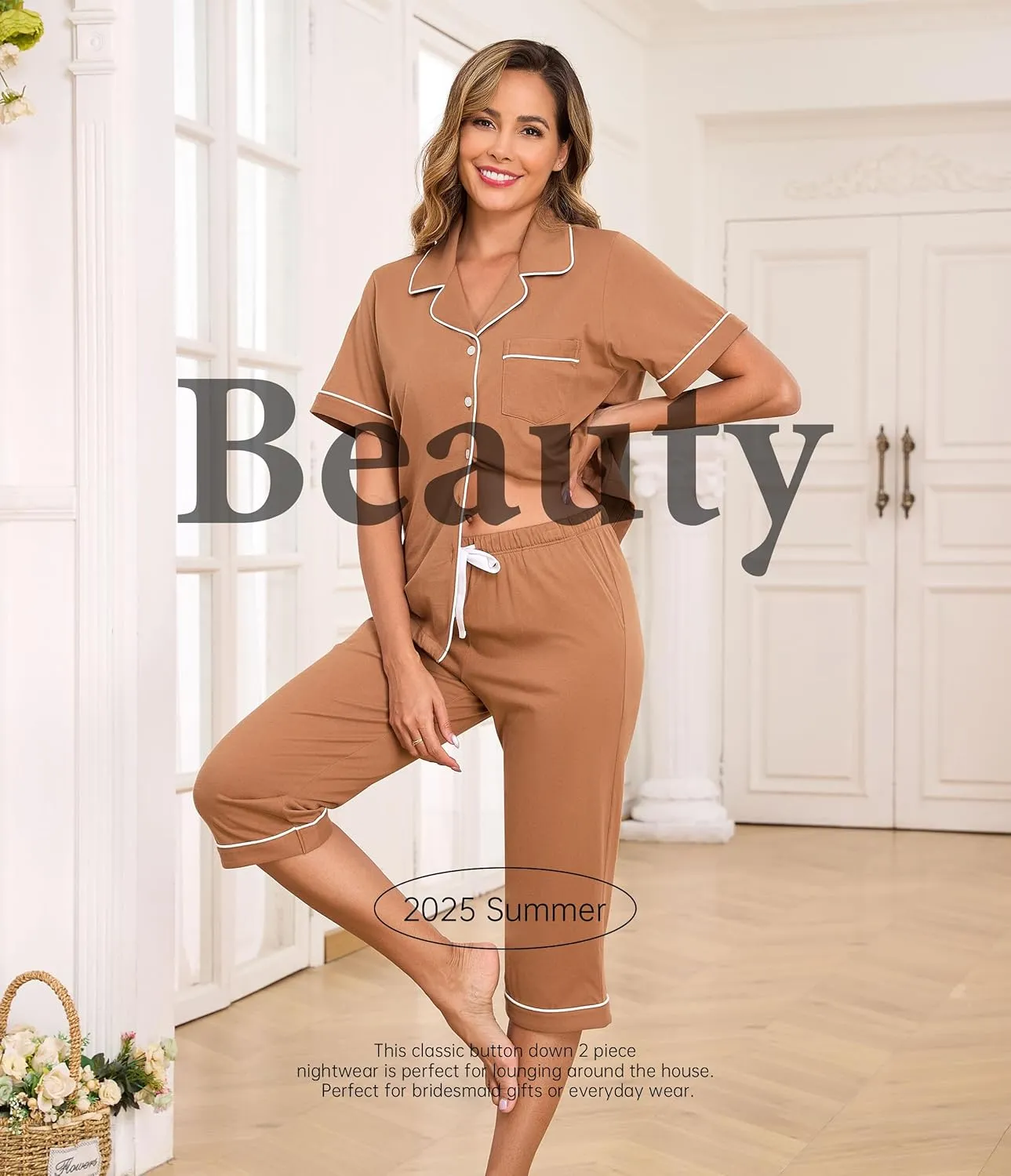 CF 100% Cotton Capri Pajama Sets for Women 2 Piece Soft Button Down Pj Sets Short Sleeve Sleepwear and Capri Pants