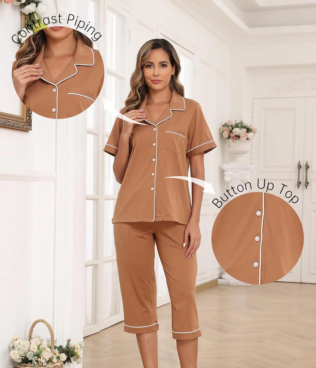 CF 100% Cotton Capri Pajama Sets for Women 2 Piece Soft Button Down Pj Sets Short Sleeve Sleepwear and Capri Pants