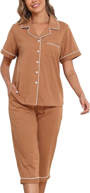CF 100% Cotton Capri Pajama Sets for Women 2 Piece Soft Button Down Pj Sets Short Sleeve Sleepwear and Capri Pants