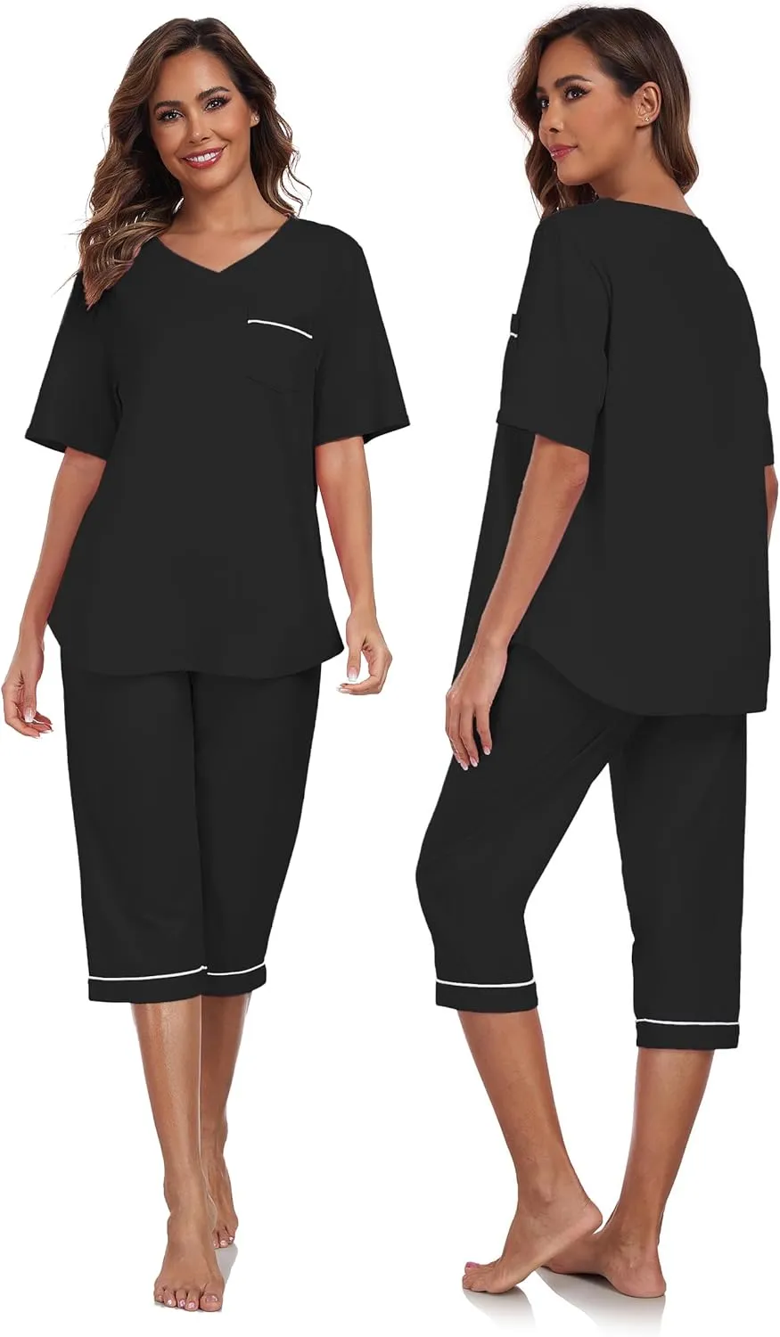 CF 100% Cotton Womens Pajama Sets for Women 2 Piece Pj Sets Sleepwear Lounge Set Short Sleeve Shirt and Capri Pants