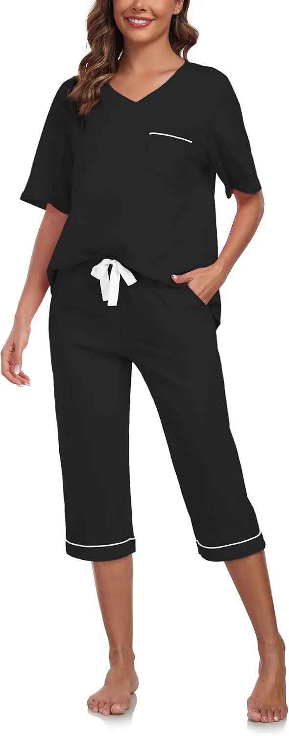 CF 100% Cotton Womens Pajama Sets for Women 2 Piece Pj Sets Sleepwear Lounge Set Short Sleeve Shirt and Capri Pants