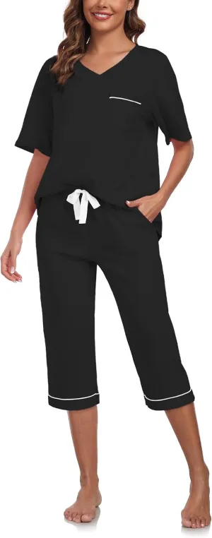 CF 100% Cotton Womens Pajama Sets for Women 2 Piece Pj Sets Sleepwear Lounge Set Short Sleeve Shirt and Capri Pants