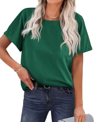 Chigant Women's Linen Shirts Short Sleeve Cotton Blouses Casual Loose Round Collar Solid Boxy Tunics Top