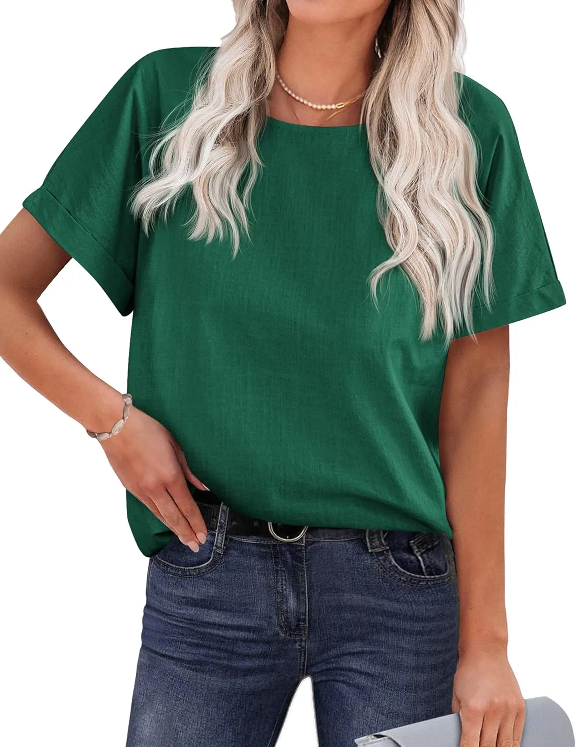 Chigant Women's Linen Shirts Short Sleeve Cotton Blouses Casual Loose Round Collar Solid Boxy Tunics Top