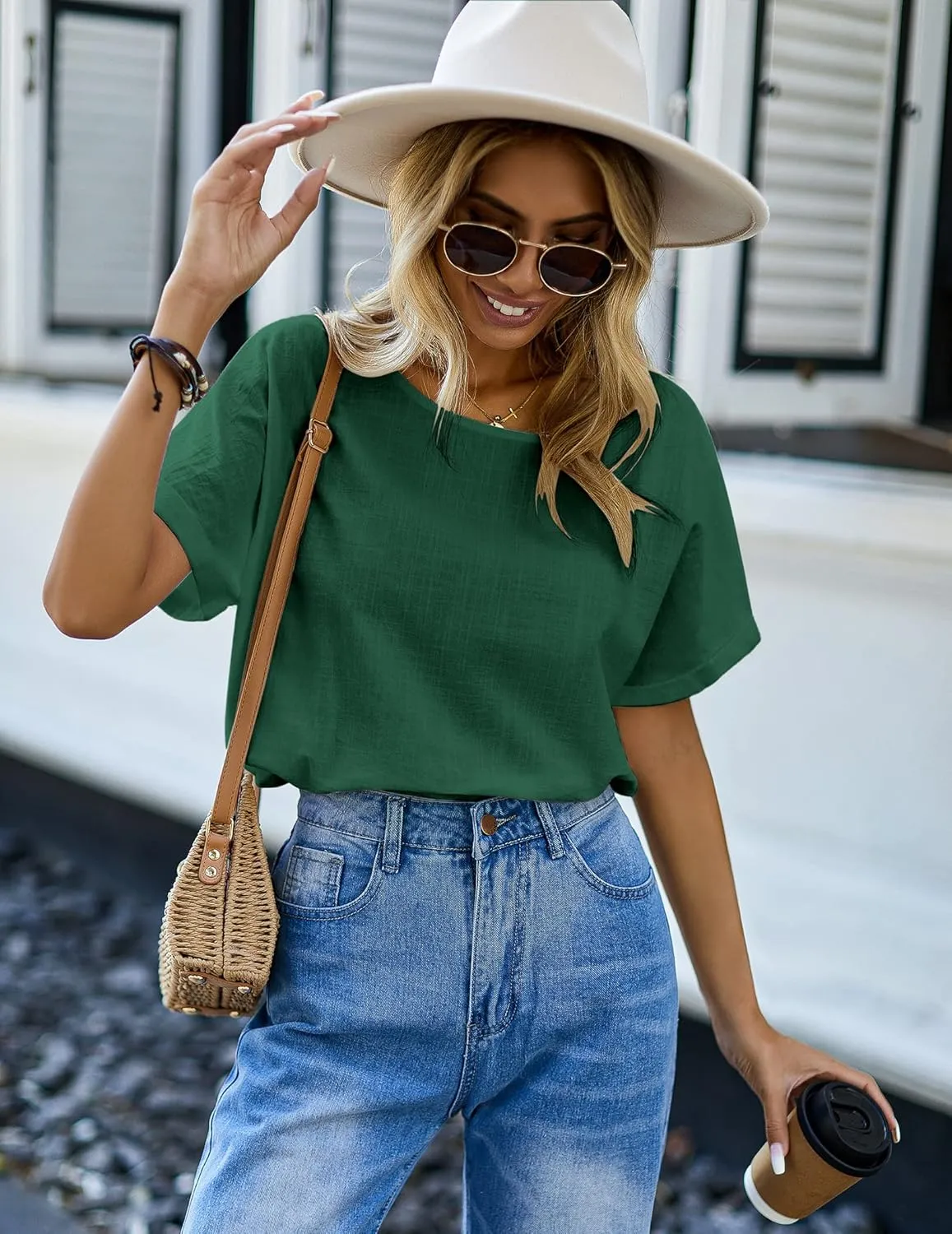 Chigant Women's Linen Shirts Short Sleeve Cotton Blouses Casual Loose Round Collar Solid Boxy Tunics Top