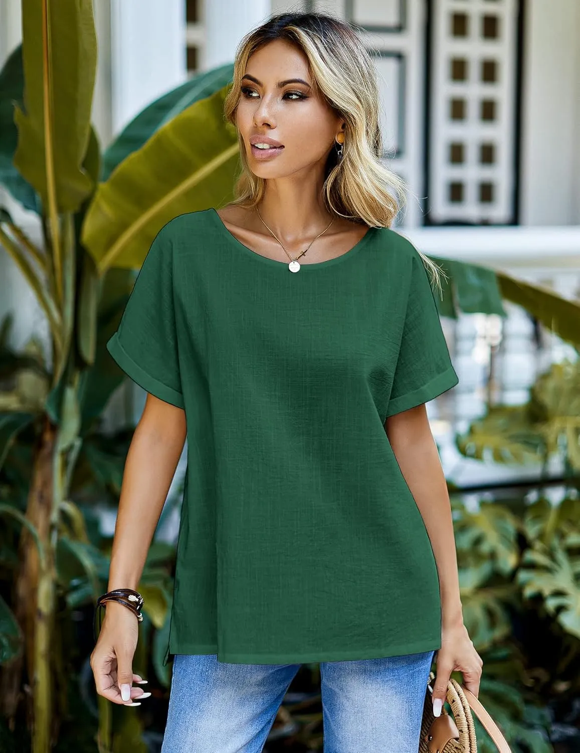 Chigant Women's Linen Shirts Short Sleeve Cotton Blouses Casual Loose Round Collar Solid Boxy Tunics Top