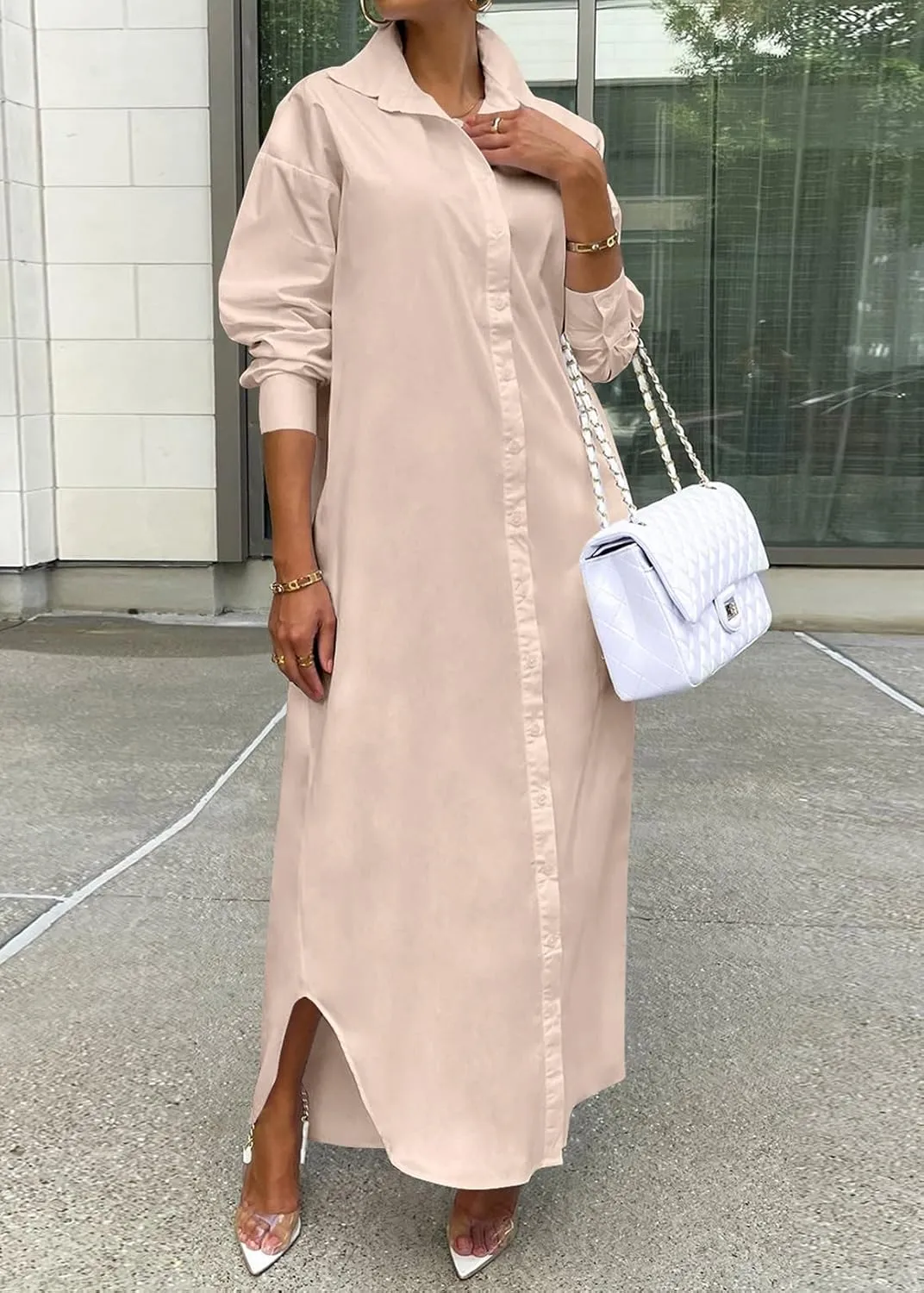 Choichic Shirt Dresses for Women Casual Long Sleeve Cotton Button Down Maxi Dresses