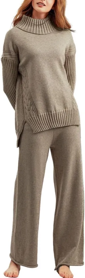 chouyatou Women's Fall 2 Piece Outfits Turtleneck Cable Knit Sweater Wide Leg Pant Sets Lounge Sets