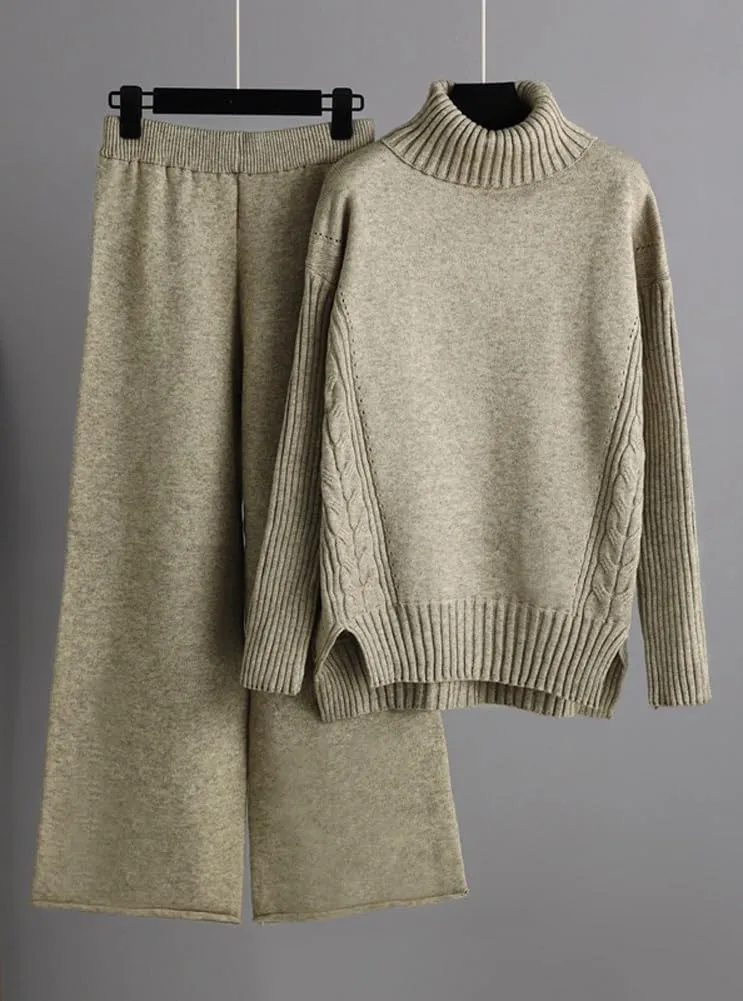 chouyatou Women's Fall 2 Piece Outfits Turtleneck Cable Knit Sweater Wide Leg Pant Sets Lounge Sets