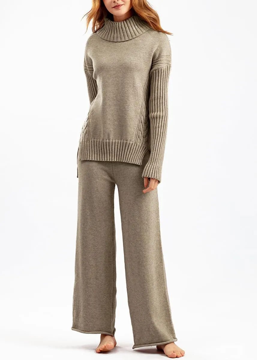 chouyatou Women's Fall 2 Piece Outfits Turtleneck Cable Knit Sweater Wide Leg Pant Sets Lounge Sets