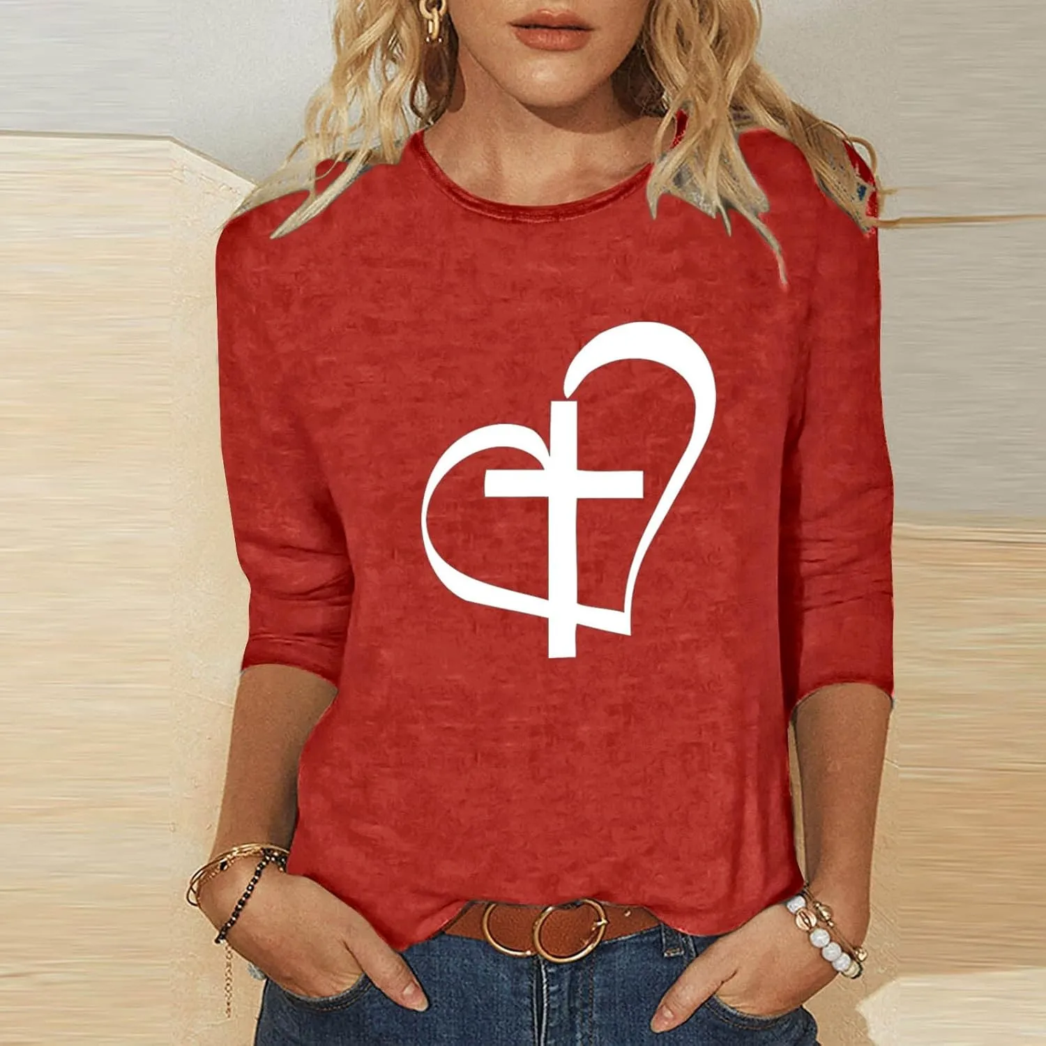 Christian Easter Good Friday Shirt Womens 3/4 Sleeve Tops Dressy Casual Faith Jesus Cross Heart Print Crewneck Tee Shirts