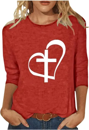 Christian Easter Good Friday Shirt Womens 3/4 Sleeve Tops Dressy Casual Faith Jesus Cross Heart Print Crewneck Tee Shirts