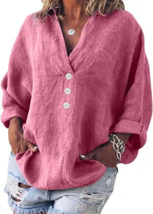 Costaric Women's Buttons Down Shirts Long Sleeve V-Neck Lightweight Pullover Tops Casual Loose Fit Tunics Blouses
