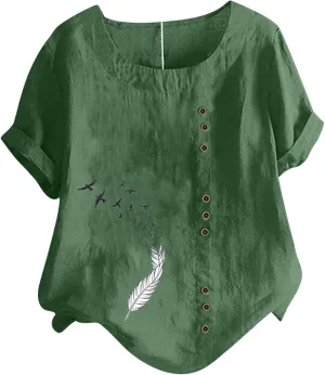 Cotton Linen Blouses for Women Short Sleeve Round Neck Retro Boho Tshirts Solid Colr Lightweight Casual Summer Tops