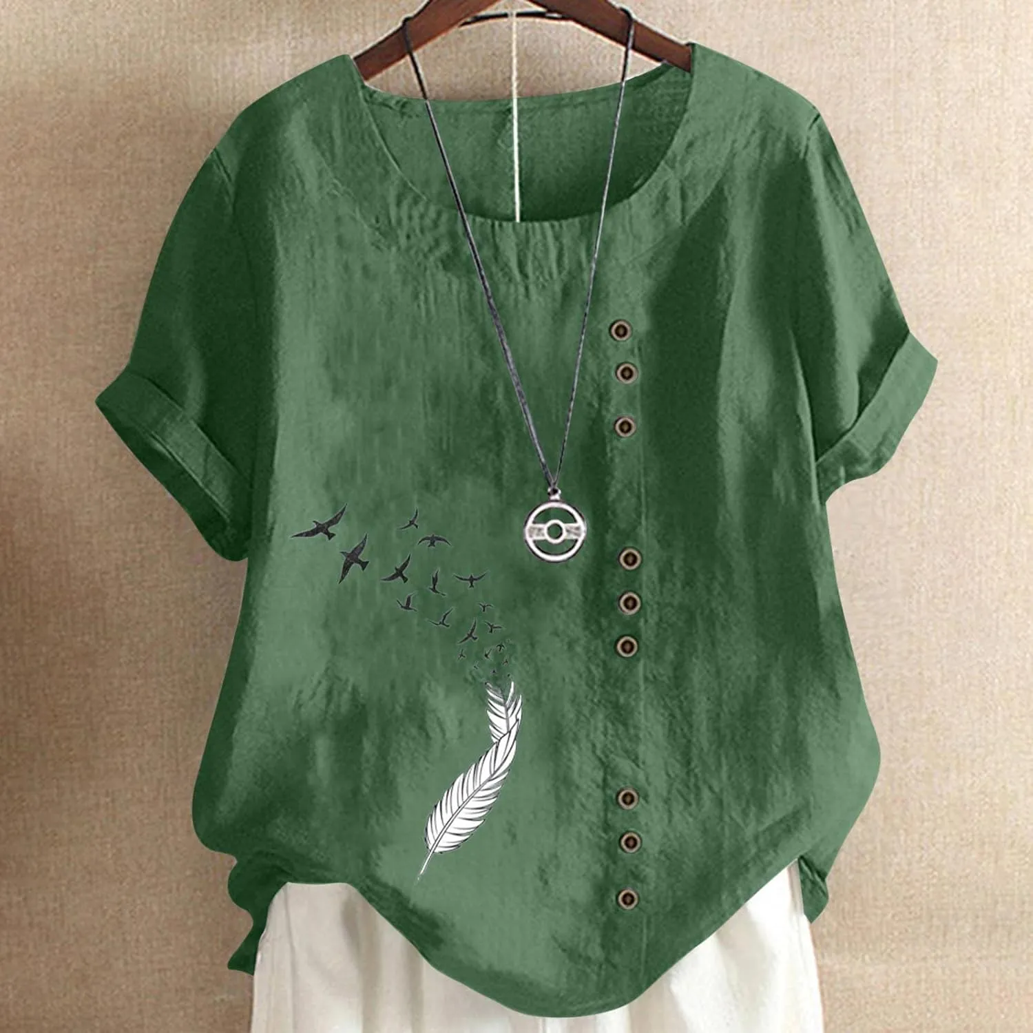 Cotton Linen Blouses for Women Short Sleeve Round Neck Retro Boho Tshirts Solid Colr Lightweight Casual Summer Tops
