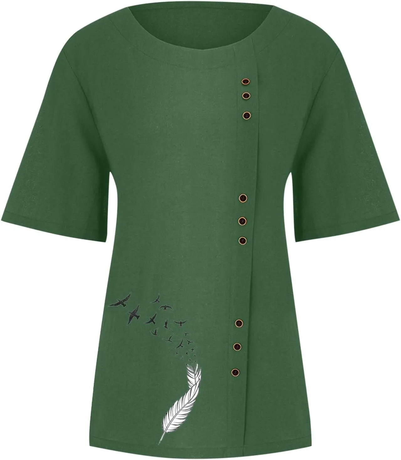Cotton Linen Blouses for Women Short Sleeve Round Neck Retro Boho Tshirts Solid Colr Lightweight Casual Summer Tops