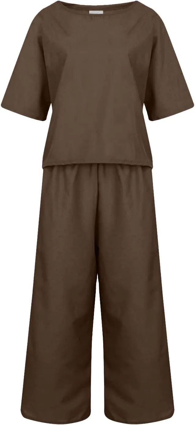 Cotton Linen Sets for Women 2 Piece Lounge Set Summer Outfits Short Sleeve Crop Top Wide Leg Capri Pants with Pockets