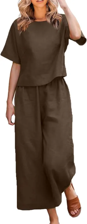 Cotton Linen Sets for Women 2 Piece Lounge Set Summer Outfits Short Sleeve Crop Top Wide Leg Capri Pants with Pockets